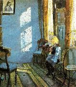 Anna Ancher solskin i den bla stue, helga ancher hakler ibedstemoderens stue oil on canvas